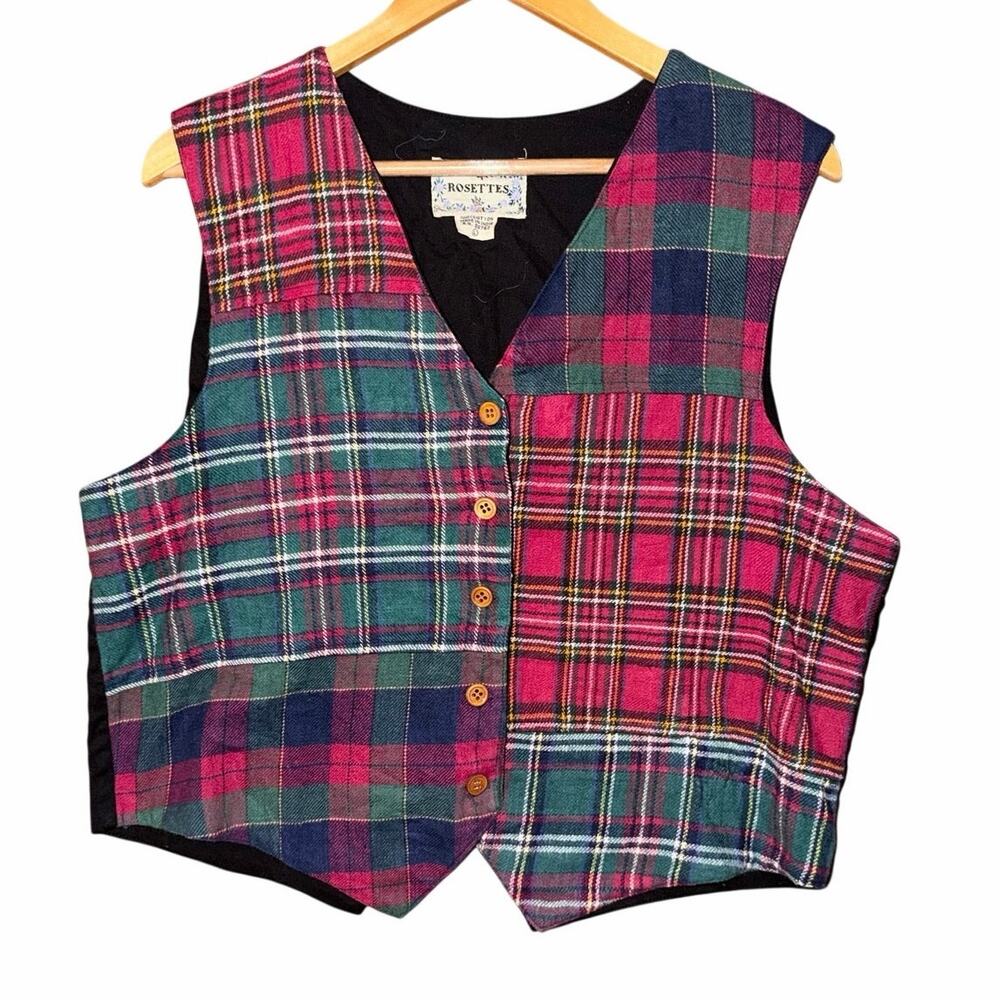 Vintage 90s Rosettes tartan plaid patchwork button front vest 100% cotton large
